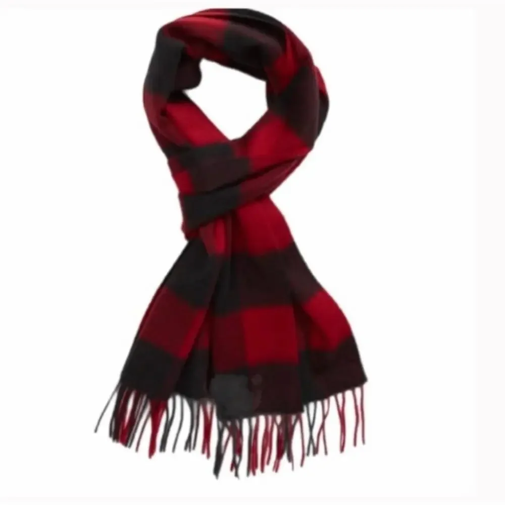 New Nordstrom Red Rio Black Buff Check Buffalo Plaid 100% Cashmere Fringe Scarf